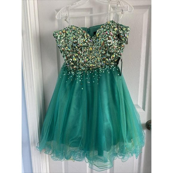 Lime by Riva Turquoise Short Baby Doll Rhinestone Prom Dress w/ Straps size 10 - Picture 1 of 4